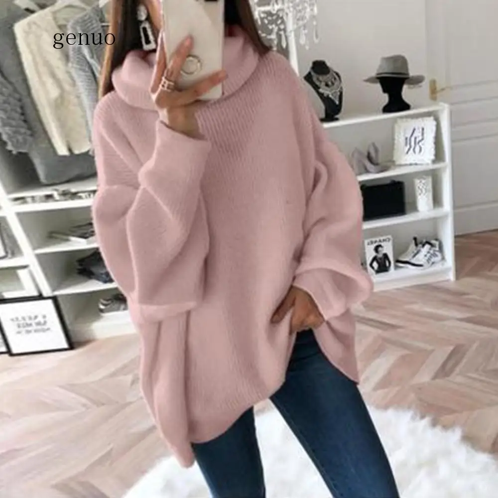 2020 Women Turtleneck Sweater Warm Long Sleeve  Warm Scarf Collar Pullover Casual Loose Autumn Winter Solid Knitted Sweaters