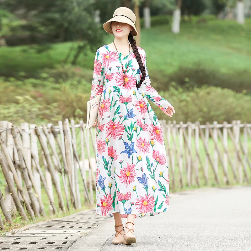 

2019 Spring And Summer New Style Literature And Art Retro Cotton Linen Dress Women's Long-Sleeve Large Size Slimming Loose-Fit P