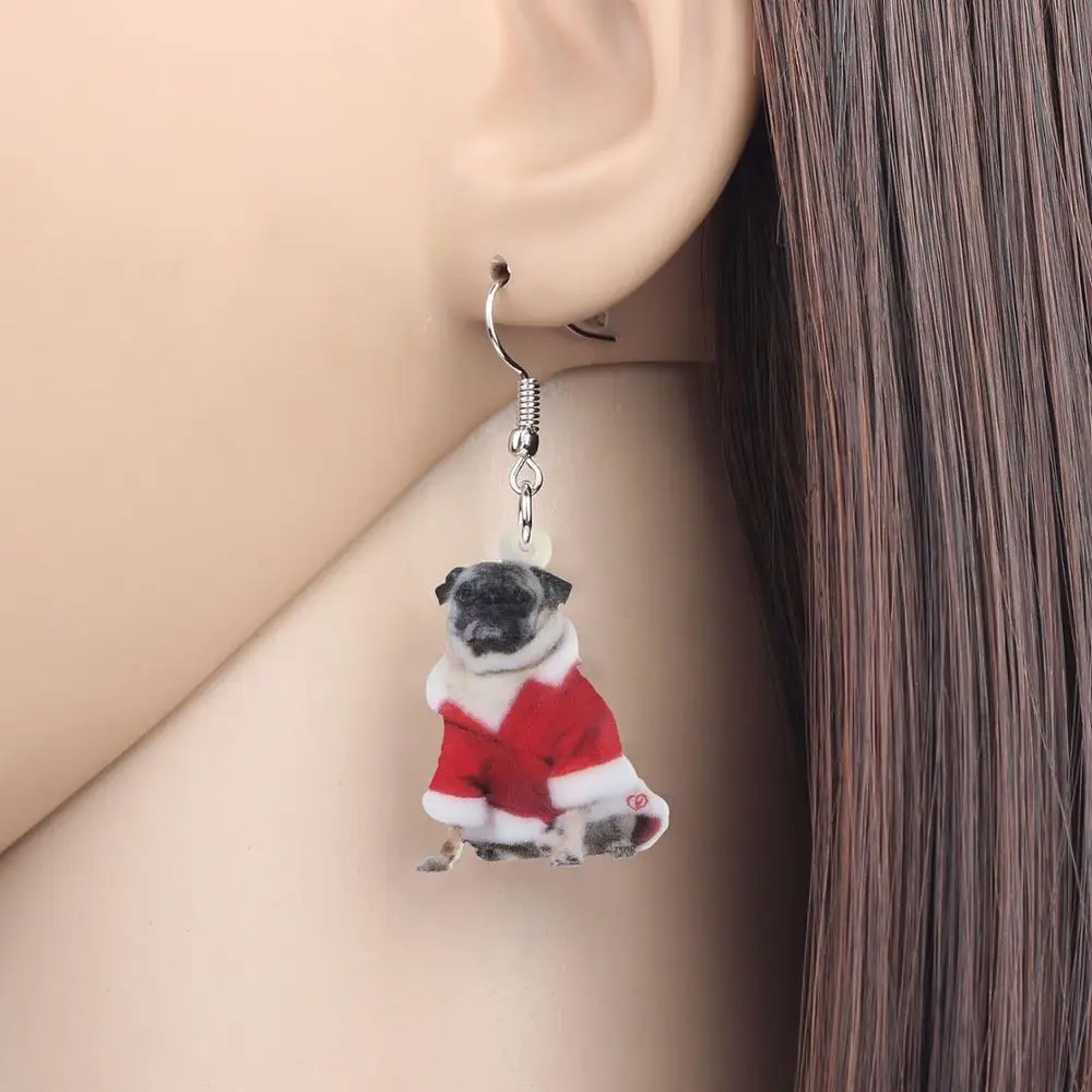 WEVENI Acrylic Christmas Costume Pug Dog Earrings Drop Dangle Animal Jewelry Accessory For Women Girls Teen Kid Party Charm Gift