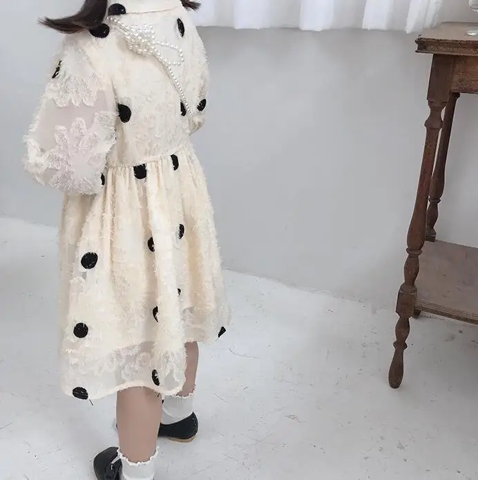 Korean style girls dots dress autumn lace cotton fashion girls dresses 2-7t