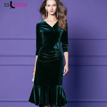 

Elegant Velour Prom Dresses 1/2 Sleeve Ruched V-Neck Short Mermaid Party Gowns Lange Jurken ES30423
