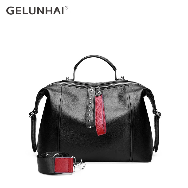 

New Cowhide Messenger Bag Rivets Genuine Leather Black Women Handbag Fashion British Boston Bag Casual Tote Lady Shoulder Bags
