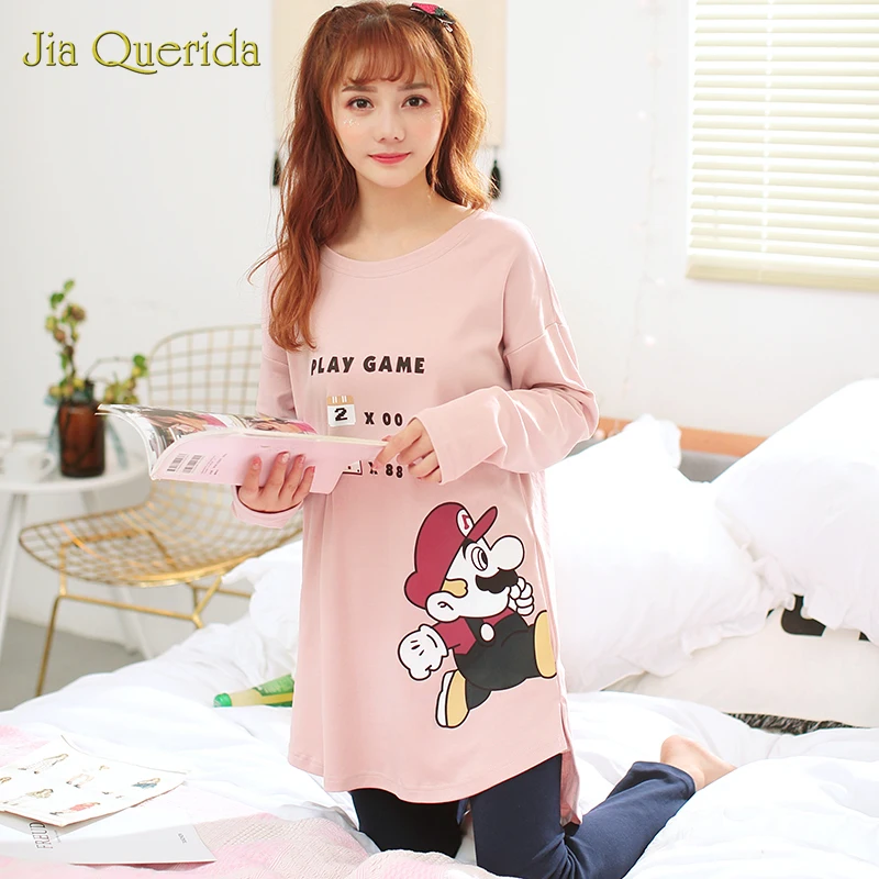 

2020 Spring New Cotton Pajamas for Womens Youth Cartoon Long Shirt 2 Pieces Set Pink Long Sleeves Pants Printing Pijamas Women