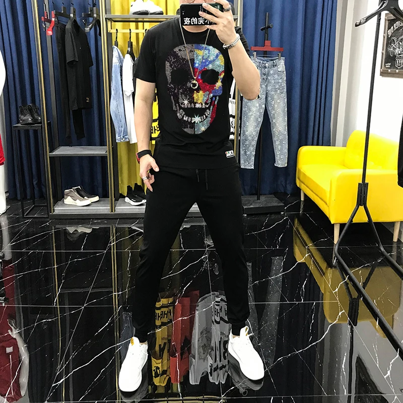 Summer Black Track Suit Cotton Breathable Sweatshirt Tops Men's Streetwear, Hot Diamond Craft Shiny /T-Shirt And Pants