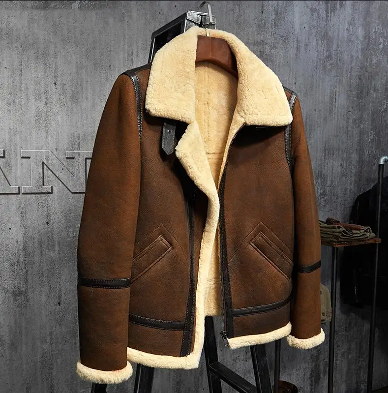 B3 куртка, летающая куртка, Мужская кожаная куртка из овечьей кожи, Мужская Меховая куртка, авиация, кожевенное ремесло, пилоты, зимняя мужская куртка - Цвет: Lightbrown