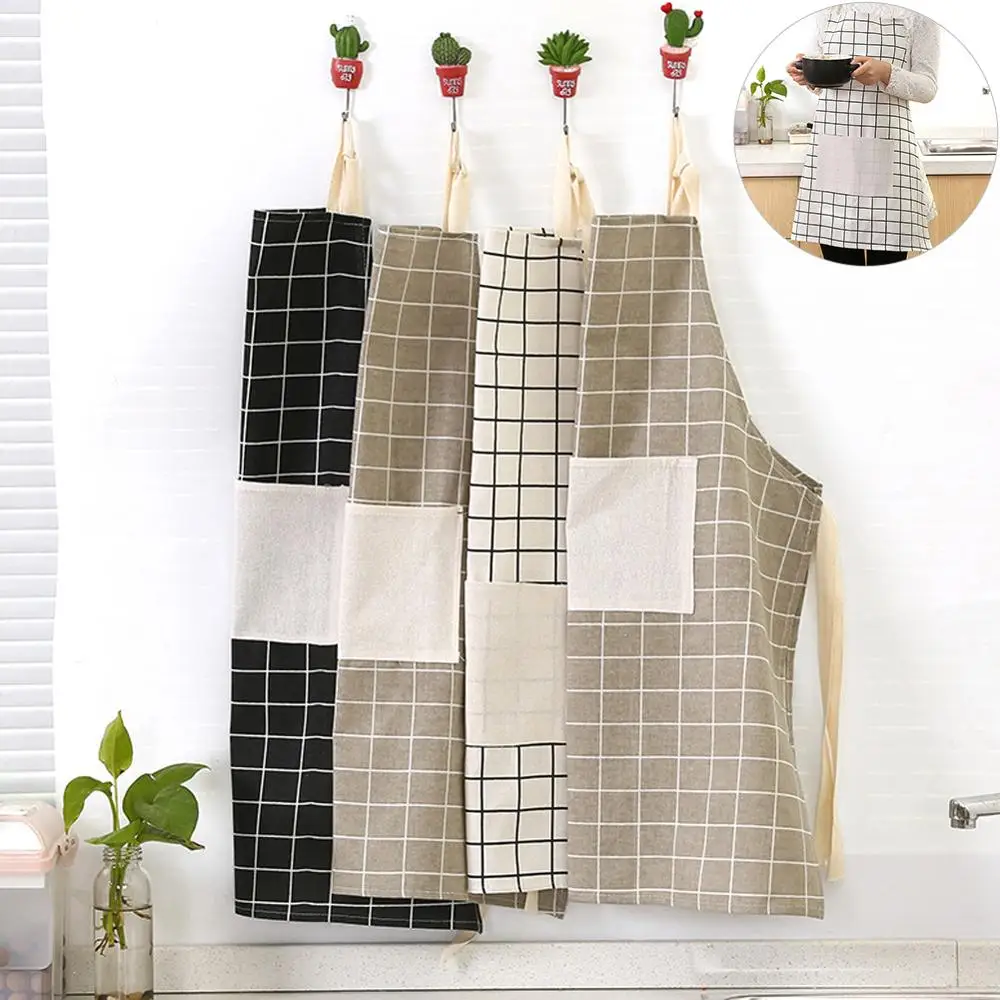

Plaid Apron Sleeveless Pocket Waist Cotton Waterproof Oil-proof Lattice Apron Kitchen 61.5x67 cm