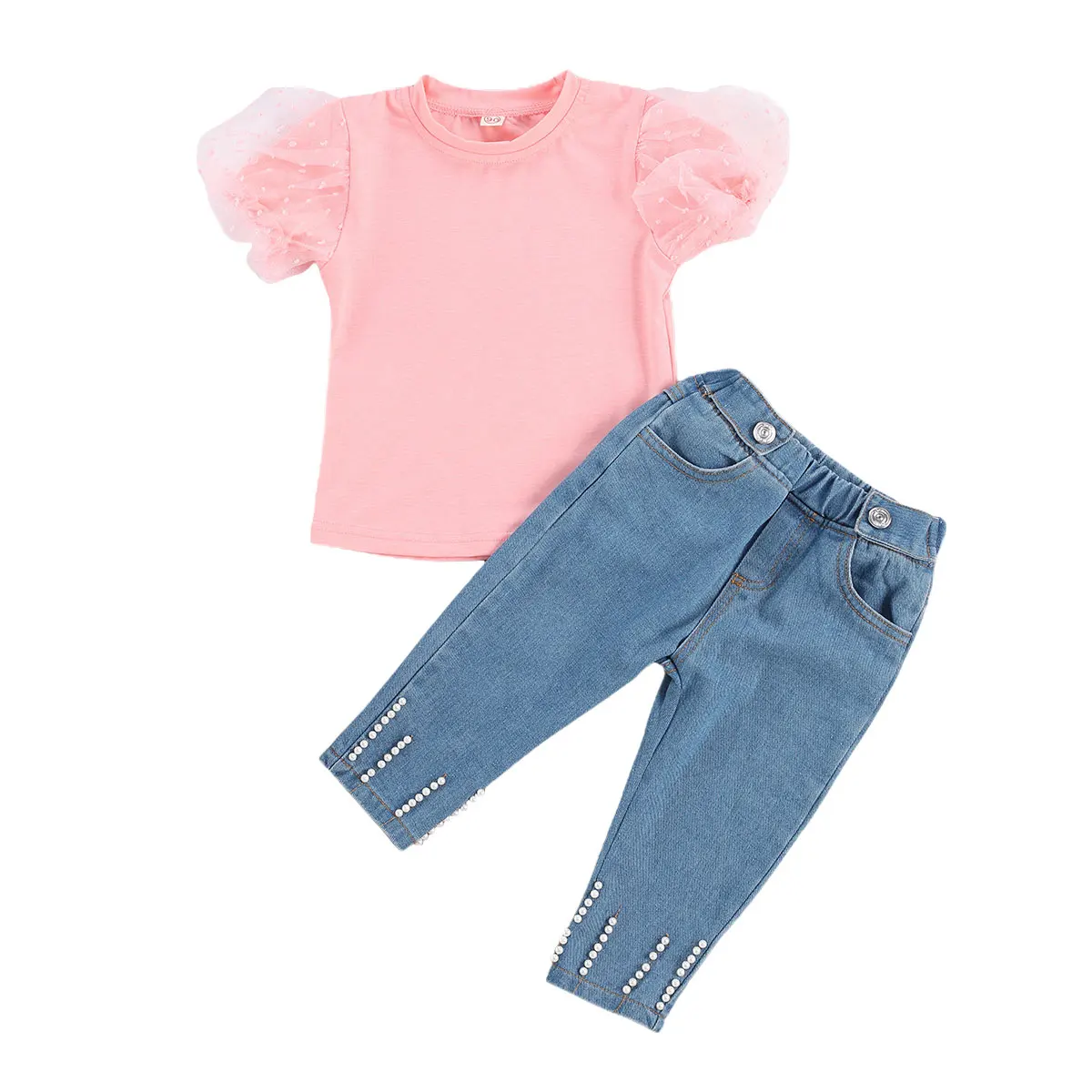 Infant Kids Baby Girls Puff Sleeve Long Pants Suit Round Collar Pocket Two-pieces Set Solid Color Jeans Outfit | Детская одежда и