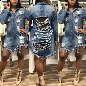 2020 Womens denim Coat Autumn Oversize Hole Patch Denim Ripped Jeans Distressed casual long denim Jacket vintage Slim denim Coat 3