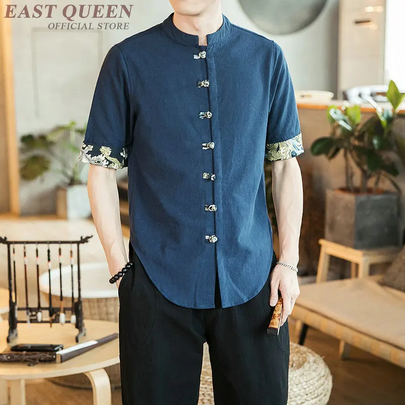 Camisa de estilo chino para hombre, camisa tradicional de lino y