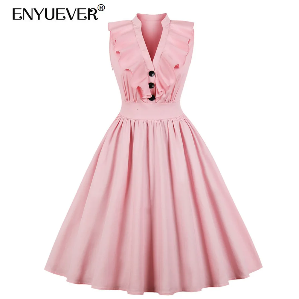 

Enyuever Pink Women Dress Plus Size Autumn Clothes Sleeveless Cotton Ruffles V Neck Robe Pin Up Swing Elegant Casual Dresses