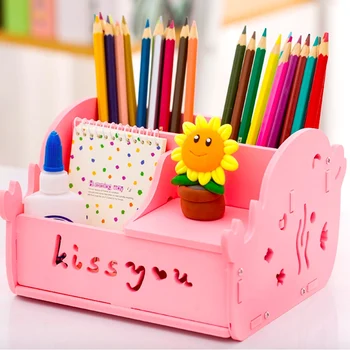 

Multi-Functional Pen Container Creative Desktop Lovely Cartoon Students DIY Wooden Children Pen Clip Card Holders Storage Box