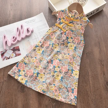 

Summer Cute Girls Chinese Style Floral Cheongsam Baby Girl Casual Fashion Dress Performance Clothing Baby National Floral Dress