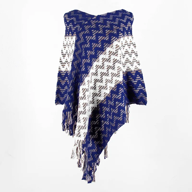 Women's Autumn Winter European American Women's Cloak Knitted Shawl Tassel Wavy Diagonal Stripes Cloak Bohemian Sweater ML201
