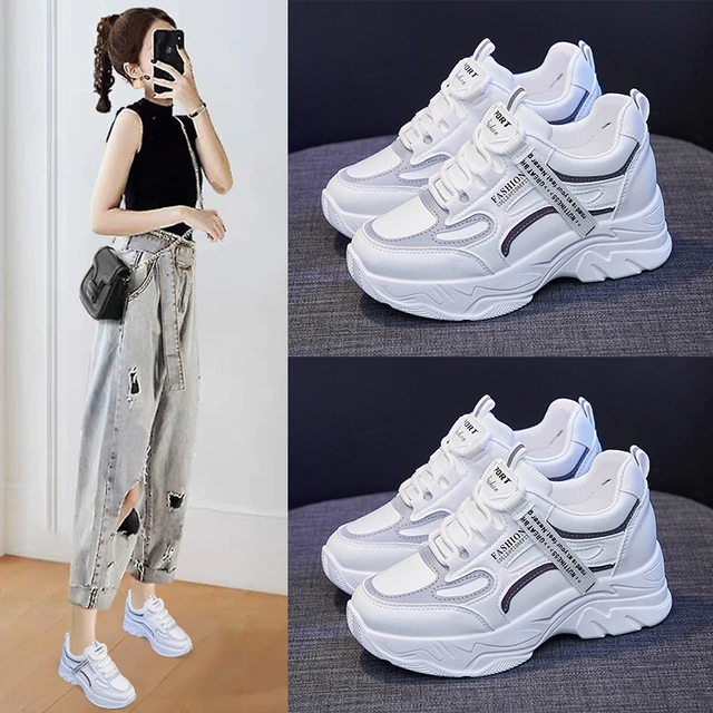 2023 Spring Autumn New Women Sneakers Girl Fashion Leather Casual Sport  Shoes Trainers 7CM Height Increasing