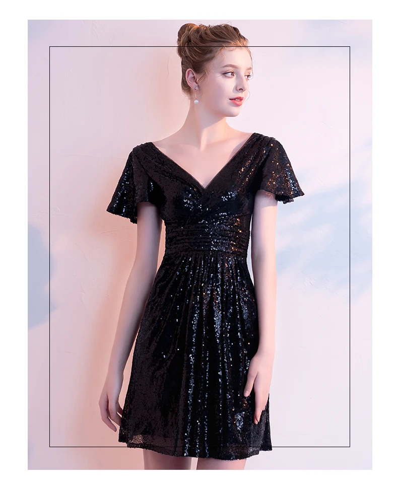 Solovedress Короткие рукава с гофрированными манжетами вечернее платье латинский танец линия Блестящий блесток формальное платье с v-образным вырезом сзади с застежкой-молнией E82