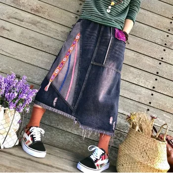 

[EWQ] 2020 Spring Summer New Pattern Elastic Denim Asymmetrical Patchwork Embroidery Skirt Women Fashion Tide AK33301