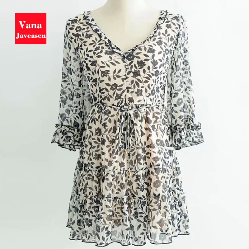 Vana Javeasen Boho женское платье с коротким рукавом, летнее платье с v-образным вырезом и рюшами, а-силуэт, женские платья, Бандажное пляжное платье с открытой спиной