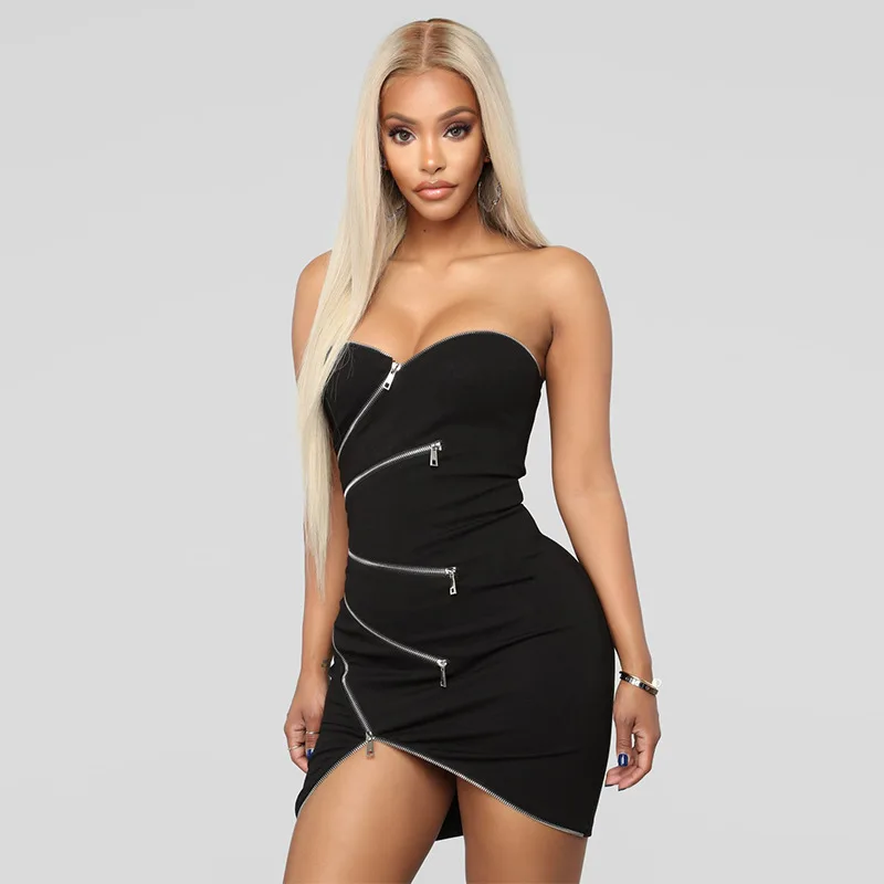 

Women's Strapless Sleeveless Solid Color Zipper Backless Bodycon Skinny Slim Mini Short Dress Evening Party Club Sexy Dress
