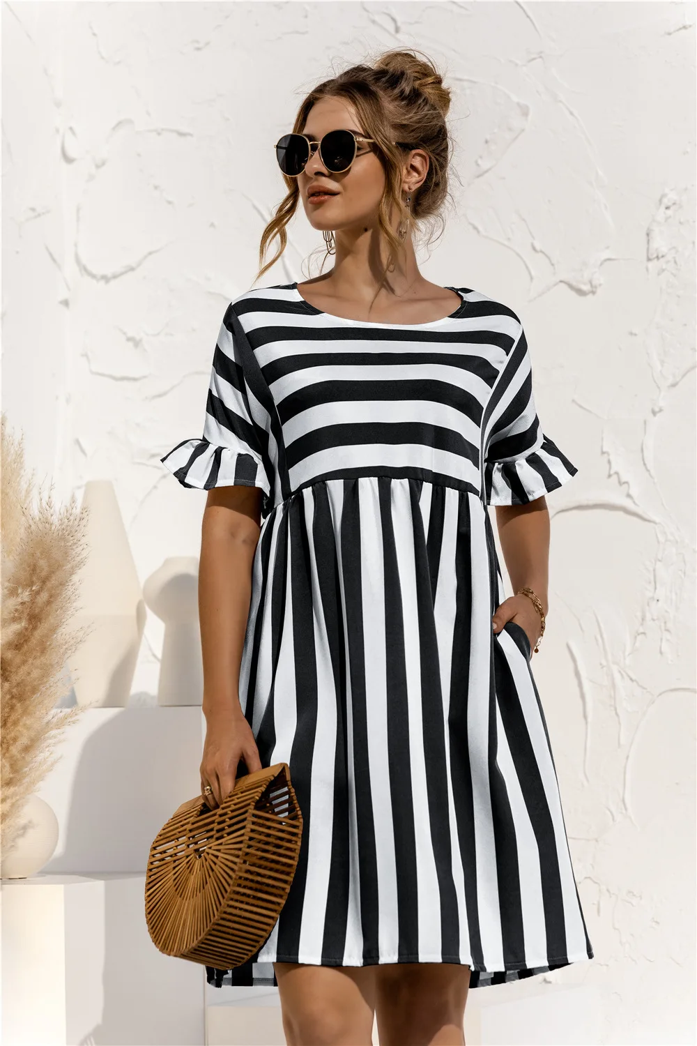 Women Summer Dress Cute Loose Striped Print Ruffles Sleeves Dresses Elegant A Line Patchwork Beach Party Female Dress Vestidos dresses to wear to a wedding