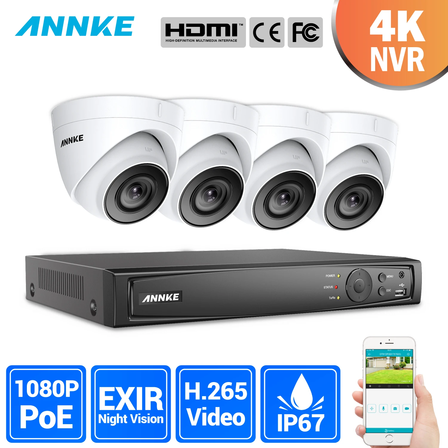 

ANNKE 8CH HD 2MP POE Network Video Security System 4K H.265 NVR With 4PCS 2MP 30m EXIR Night Vision Weatherproof WIFI IP Cameras