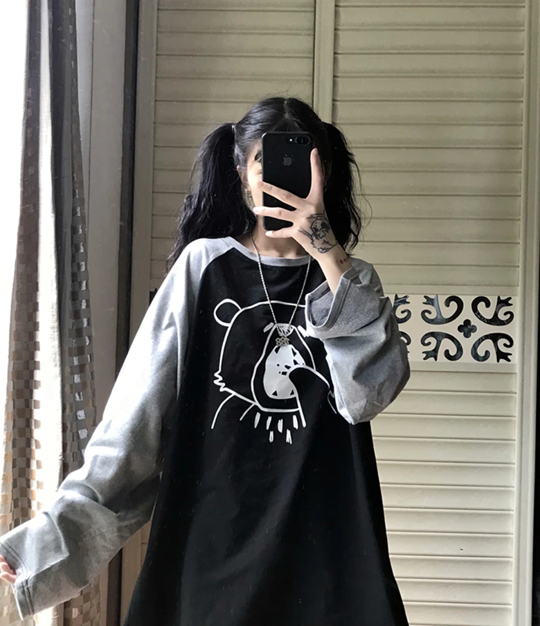 Woherb Harajuku, мультяшная Футболка с принтом, топы для женщин, весна-осень, новинка, уличная одежда, футболка с длинным рукавом, Женская Корейская одежда