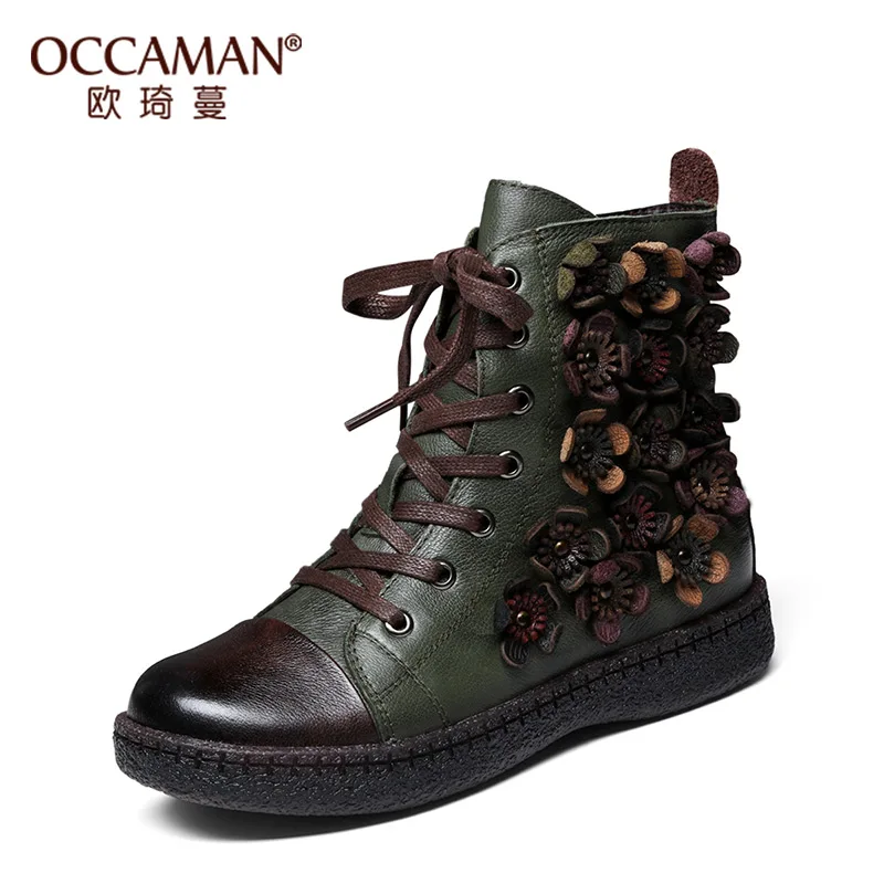 

OCCAMAN Winter Vintage Ethnic Style Flower Casual Female Booties Flat Martin Boots Women 13131