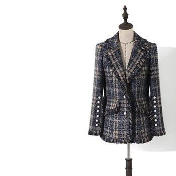 

2020 autumn winter women tweed coats single breasted pearls tassel lurex plaid weave jackets elegant coat y534