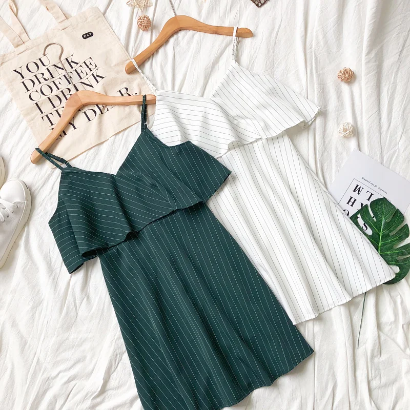

Spring Women Fashion Blending V-neck Spaghetti Strap Ruffles Shoulder Stripes Above Knee Dress Ladies Mini Brief Slip Dress