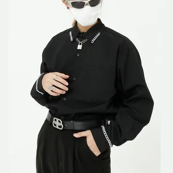 

New Male Japan Korea Streetwear Hip Hop Retro Fashion Shirts Men Iron Chain Long Sleeve Collar Loose Causal Shirt