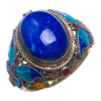 

Natural Lapis Lazuli And Cloisonne Opening Handmade 925 Sterling Silver Ring 10 D1283