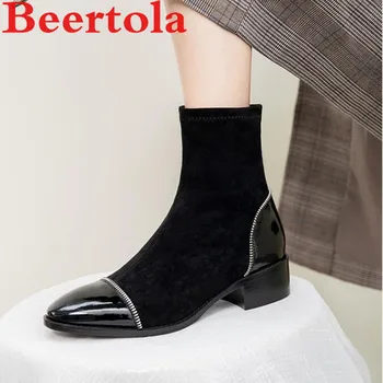 

Stretch Fabric Patent Leather Women's Ankle Boots Black Mid Heels Short Boots Chain Patchwork Sock Boots Women Chic Thin Bottes