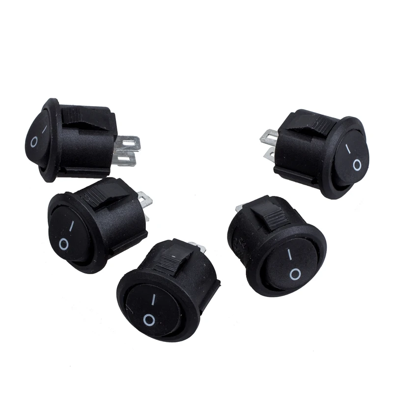 5 Pcs SPST Black Button On/Off Round Rocker Switch AC 6A/125V 3A/250V