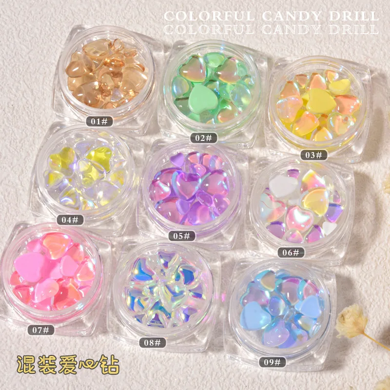 FlorVida 20pcs Sweet Heart Mermaid Rhinestone Beads Holographic Crystal Gems Stones For Nail Art Decorations Mix Size Box Kawaii