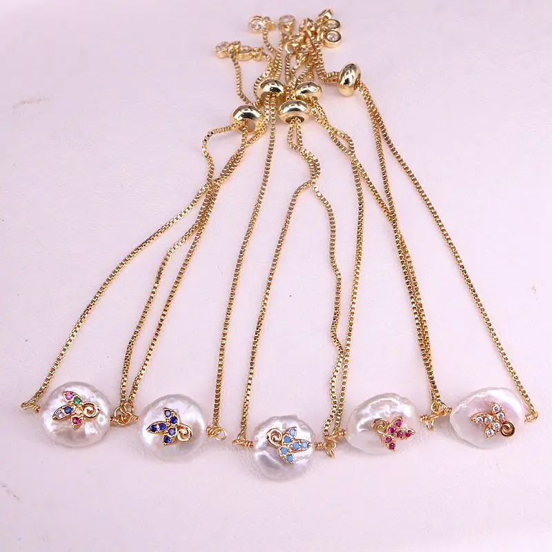 6 шт., натуральный жемчуг и фианит микро проложить Листья Форма Золотой браслет для женщин Модный очаровательный браслет ювелирные изделия