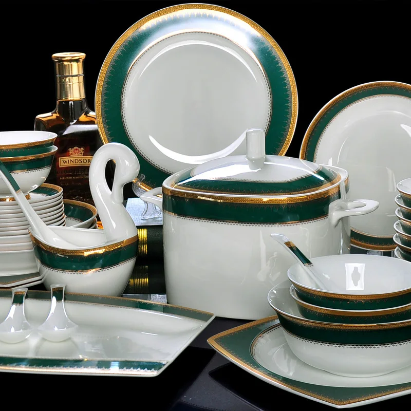 80 Pcs European Style  Green Porcelain Dinnerware Set Bone China Tableware Emerald Ceramic Bowls Plates Set Wedding Gift