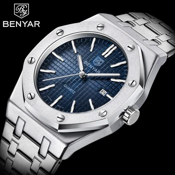 

BENYAR Top Luxury Brand Quartz Watch Men 2020 New Style Silver Blue Stainless Steel Band Military Watch Causal Wristwatch Mens