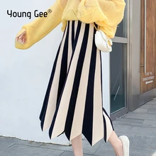 Young Gee, женская трикотажная плиссированная юбка, Осень-зима, теплый свитер, в полоску, миди, Женская юбка, повседневная, свинг, длинные юбки, faldas