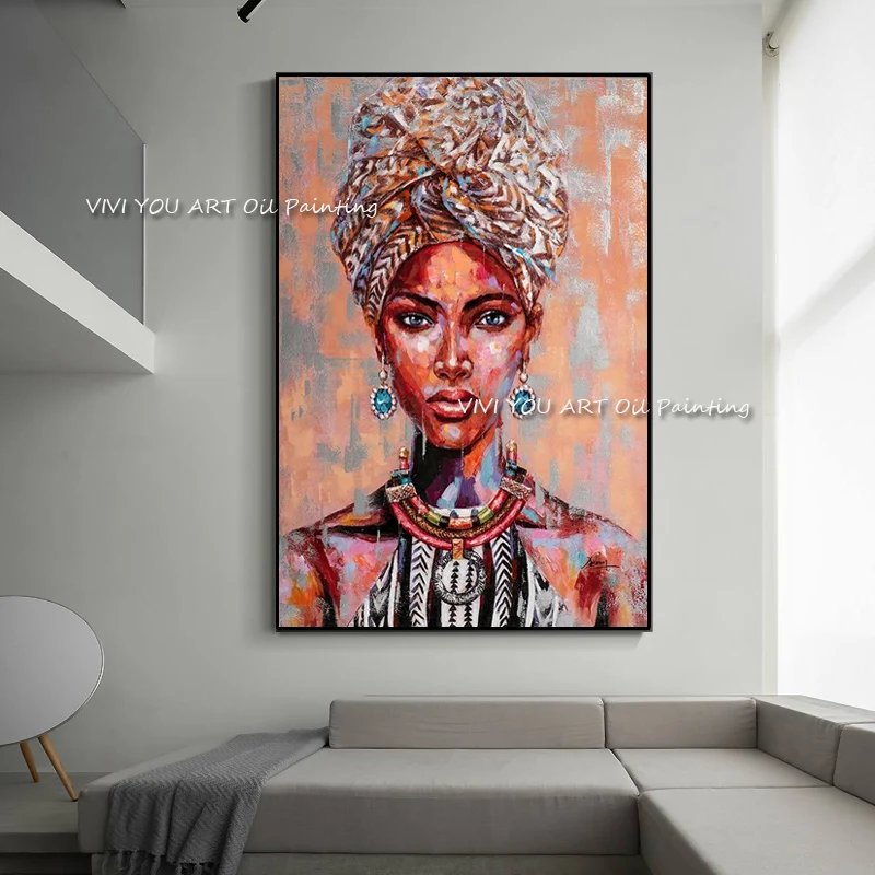 

100% Handmade African Woman Figure Oil Painting Pink Canvas Large Size For Home Living Room Decor Wall Adults Children No Frame