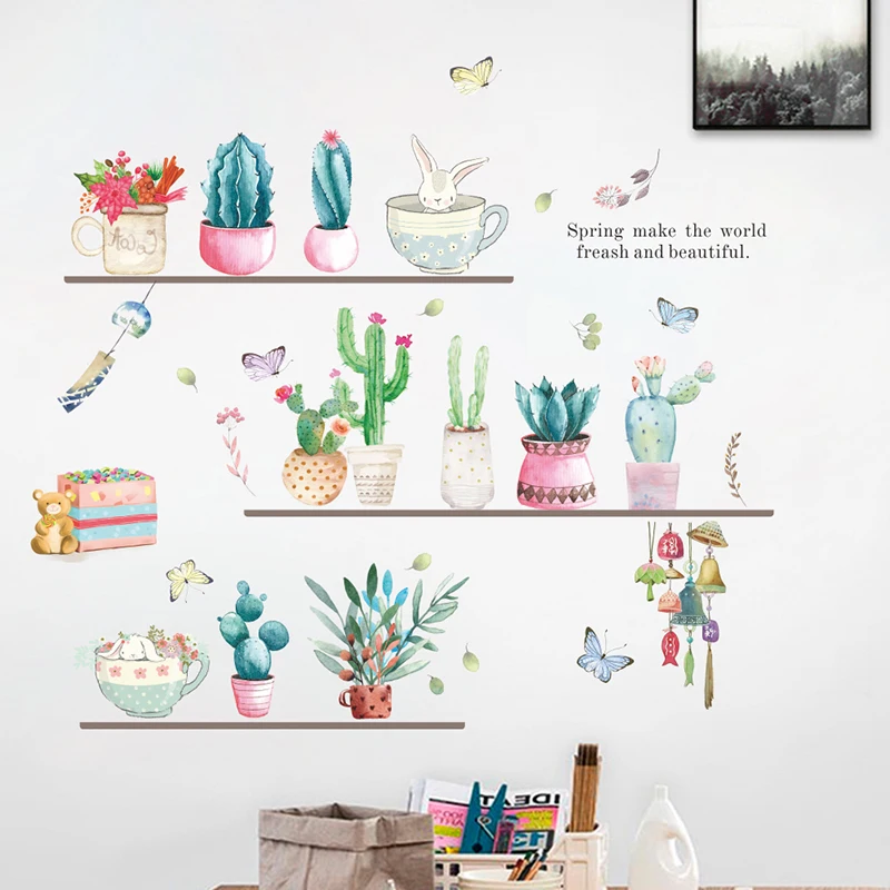 Bonsai Cactus Flowers Butterfly Wall Stickers For Home Decor Living Room PVC Wall Decals DIY Mural Art Decoration Accessories