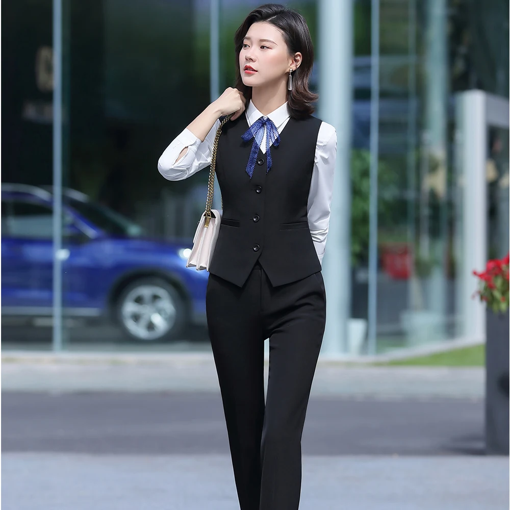 Office Lady 3 Piece Set Women Formal Work Wear Pant Suit Uniform Designs Single Button Black Gray Blazer Jacket Vest and Pant