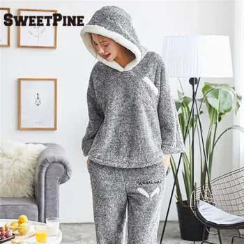 

Women Pajama Sets Winter Thicken Flannel Sleepwears 2 pcs/Set Hoodie Tops & Warm Pants Home Clothes