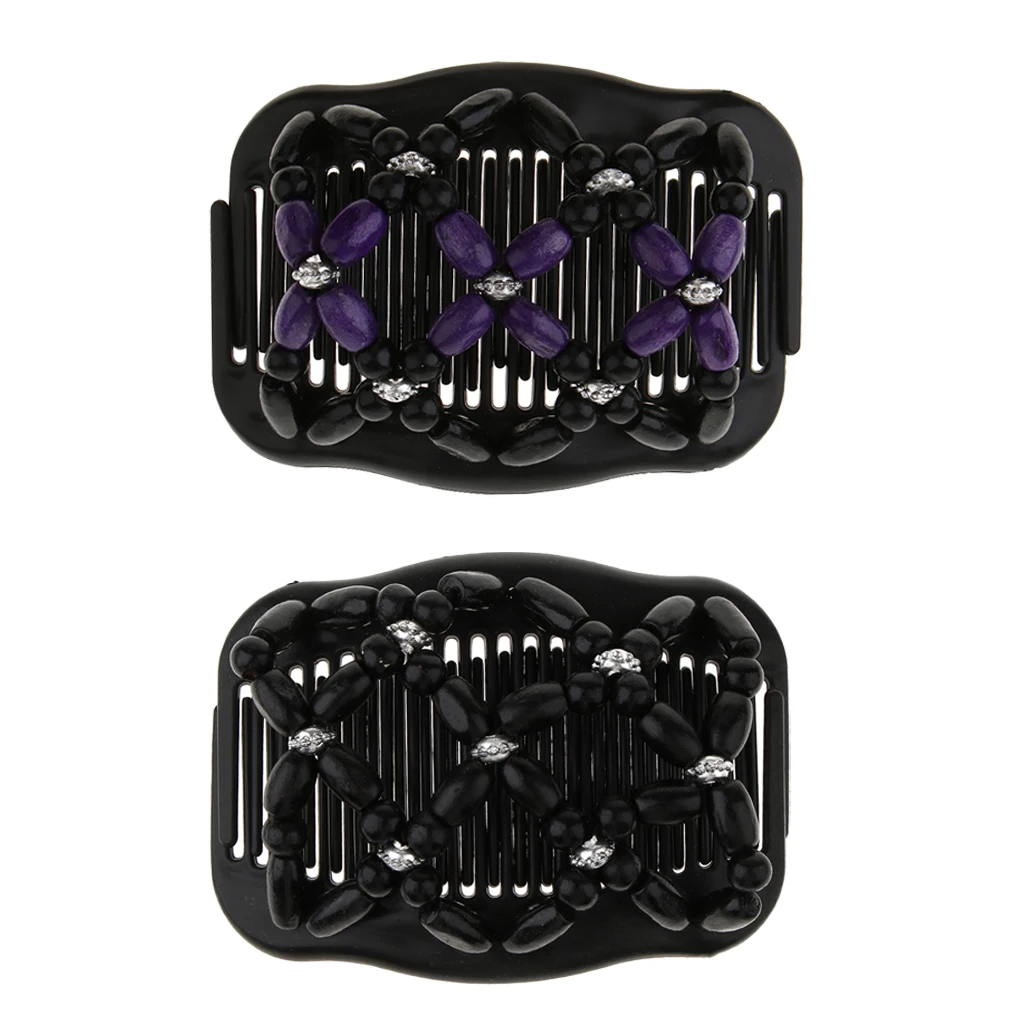 

2 Pieces Stretchy Magic Combs - Vintage Elastic Double Combs with Wooden Beads Chain Hair Clip Accessories for Women
