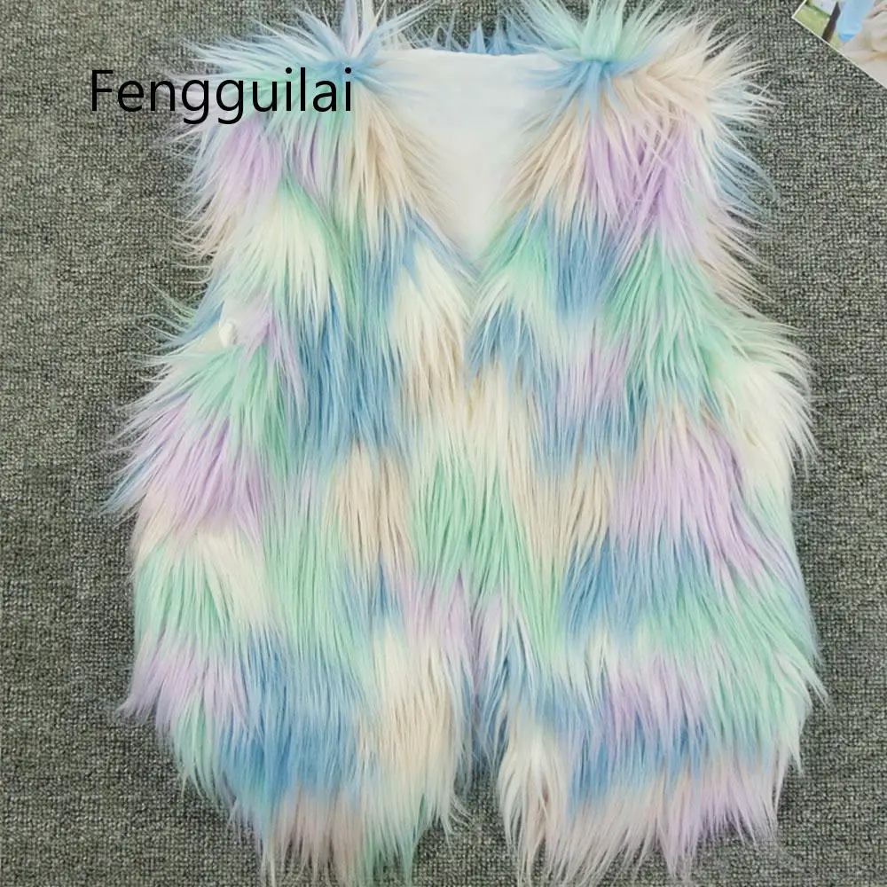 Women's Vest Large Size Faux Fur Coat Artificial Fur Rainbow Women's Fur Coat Vest For Women Ice Cream Color Sleeveless Jacket
