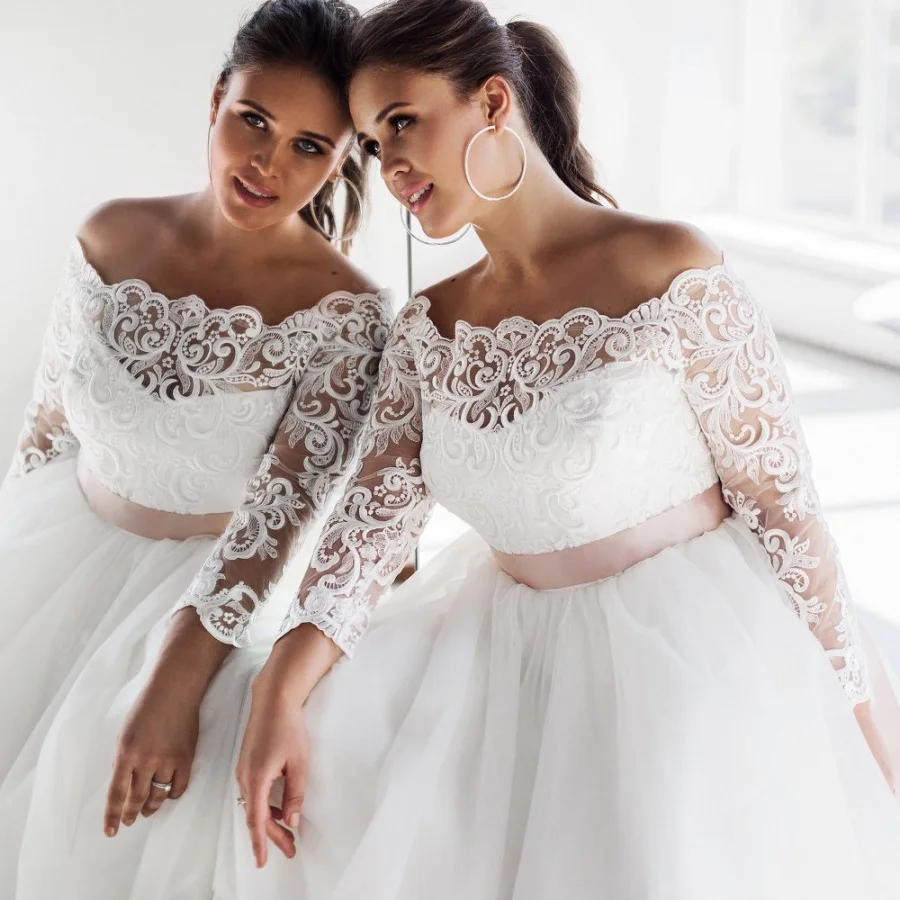 ADLN элегантные свадебные платья больших размеров Vestido De Noiva с длинными рукавами кружевной вырез лодочкой Тюлевое платье невесты Robe De Mariage