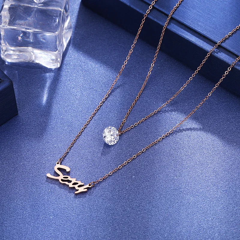 

JeeMango Trendy Titanium Stainless Steel Letter Pendant Necklaces For Women Girl Double-layer CZ Crystal Choker Necklace RN02333
