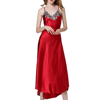 

Women Sleepwear 2020 Dress Summer Sexy Sleeveless V-neck Satin Silk Lace Lingerie Long Night Dresses Nightgown