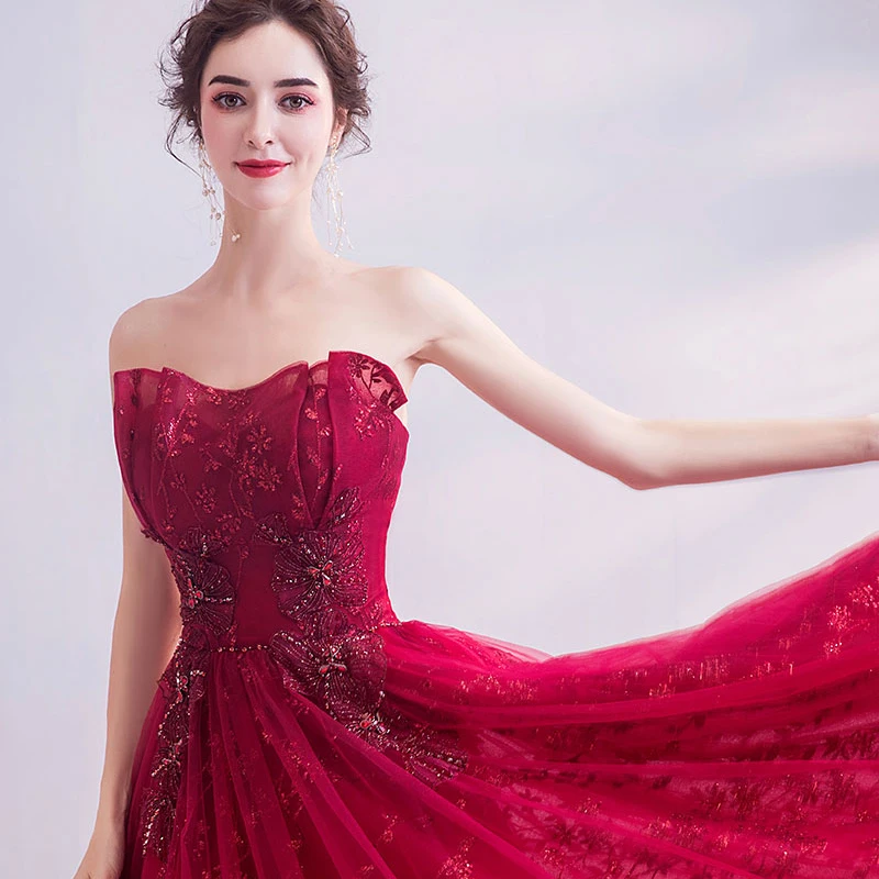Это Yiiya вечерние платья бордового цвета без бретелек вечернее платье элегантные вечерние платья с вышивкой и кристаллами кружевное платье LF044