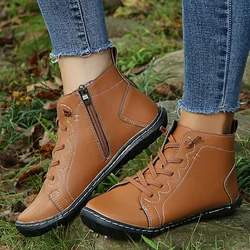 Flat Boots 2021 Round Toe Zipper Ladies Low-heeled Nude Boots Retro Women's Boots Warm Winter Boots Large Size Botas De Mujer