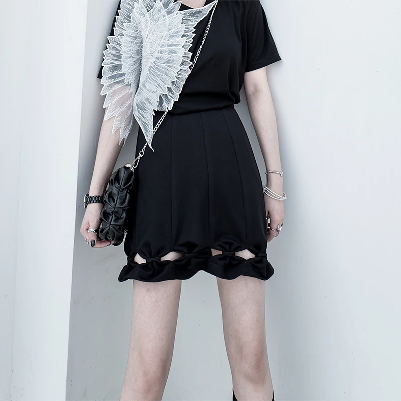 

XUXI Hollow Knot Summer Half Body Skirt High Waist Hips Fashion A-Line Original Streetwear Ropa Mujer Thin Black Skirts FZ1862