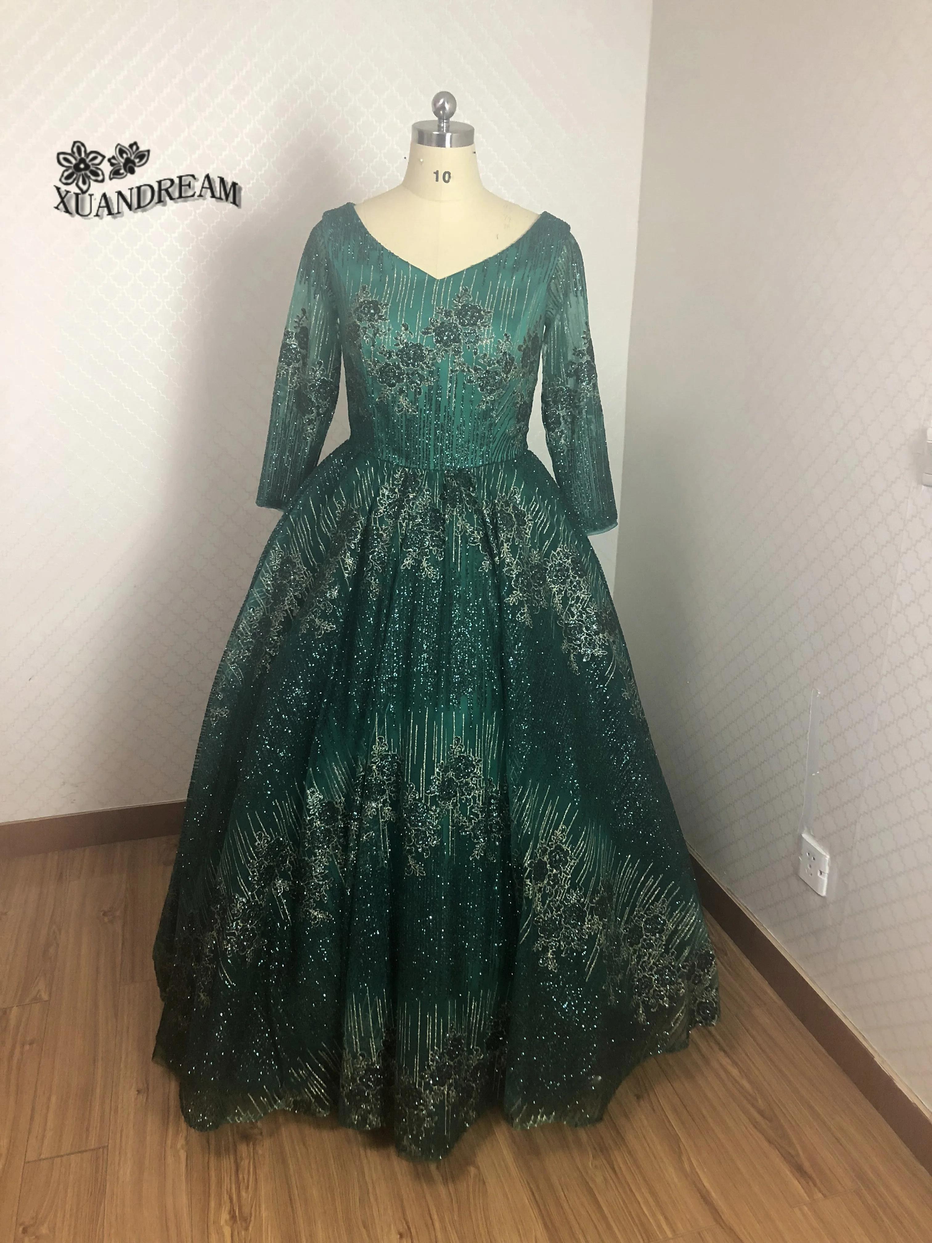 Новое поступление, vestido longo formatura, вечерние женские платья с v-образным вырезом, Шикарные Зеленые платья с длинными рукавами для выпускного вечера, XD-108